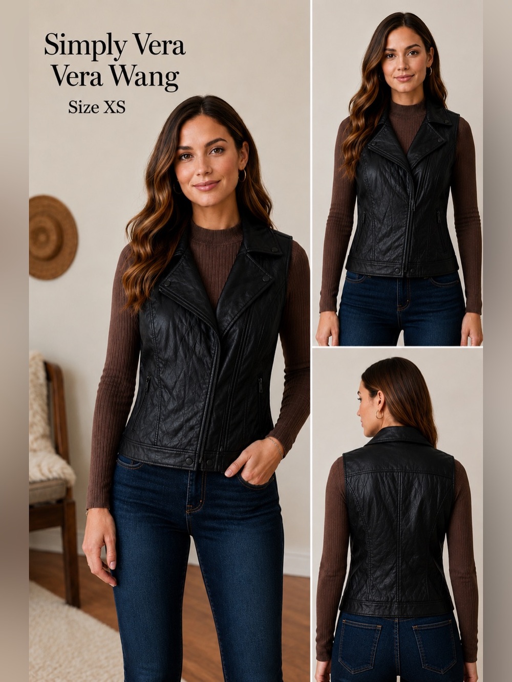 Simply Vera Vera Wang Faux Leather Moto Vest Size XSmall Black Biker